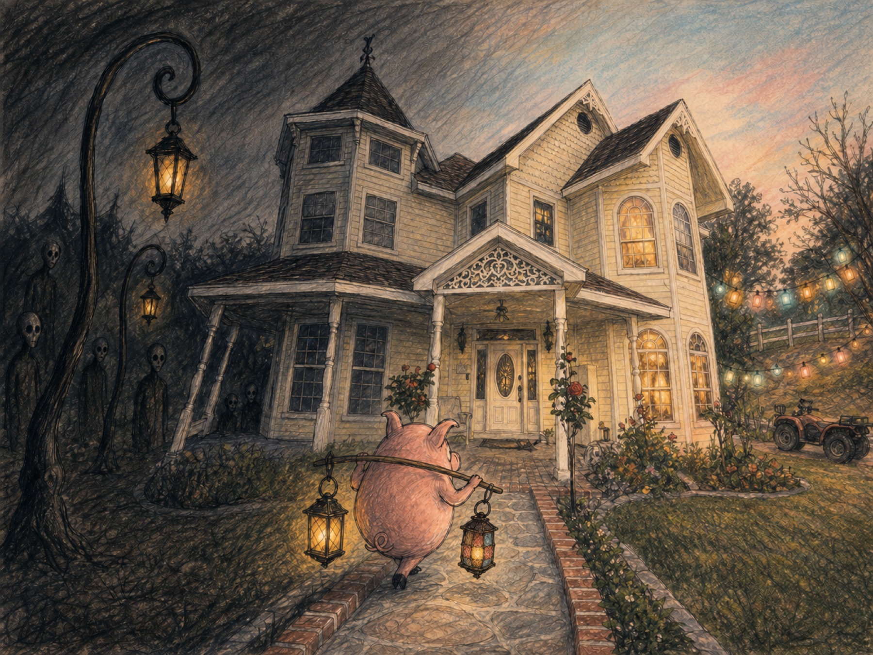 A hand-drawn pig approaches a house with lanterns, between light and shadow